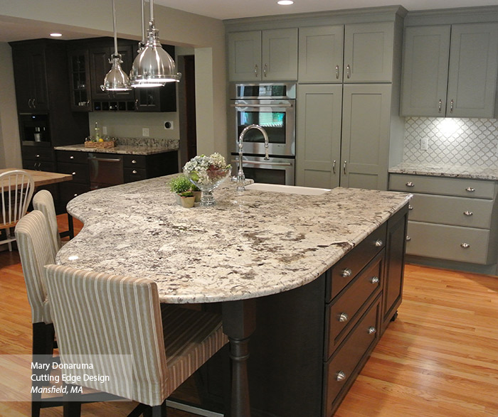 Open kitchen design with painted Maple Artisan cabinets and dark Cherry Maxwell cabinets