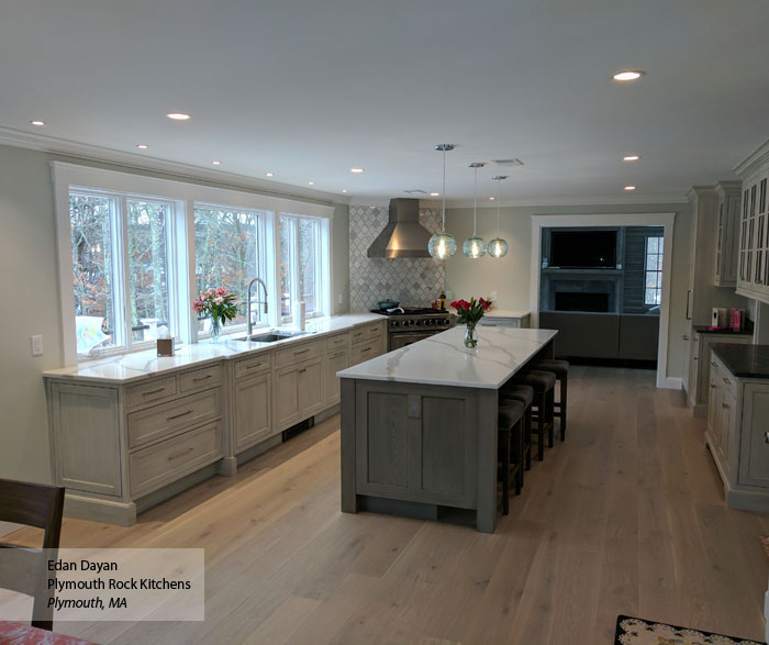 wide view of gray kitchen with inset cabinets