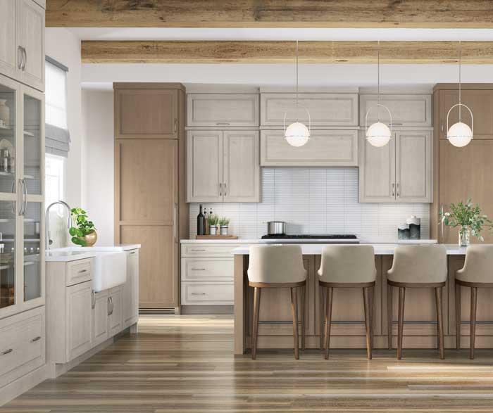 neutral kitchen island dining space with four barstools and hanging lights